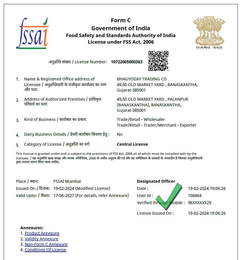 FSSAI license for food and spice export from India - Bhagyoday Trading Co.